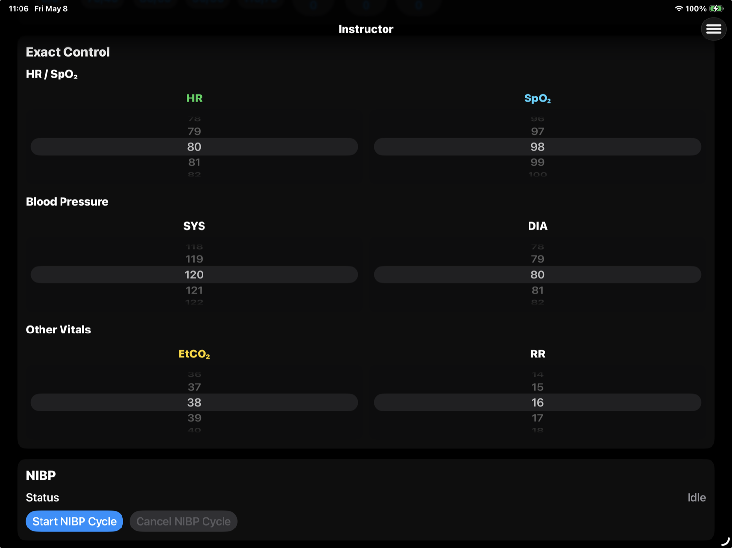 BoxVitals instructor exact control panel for heart rate, oxygen saturation, blood pressure, EtCO2, and respiratory rate