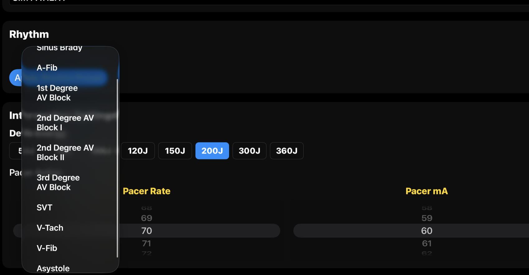 BoxVitals instructor controls screenshot with rhythm, vitals, pacing, and defibrillation settings