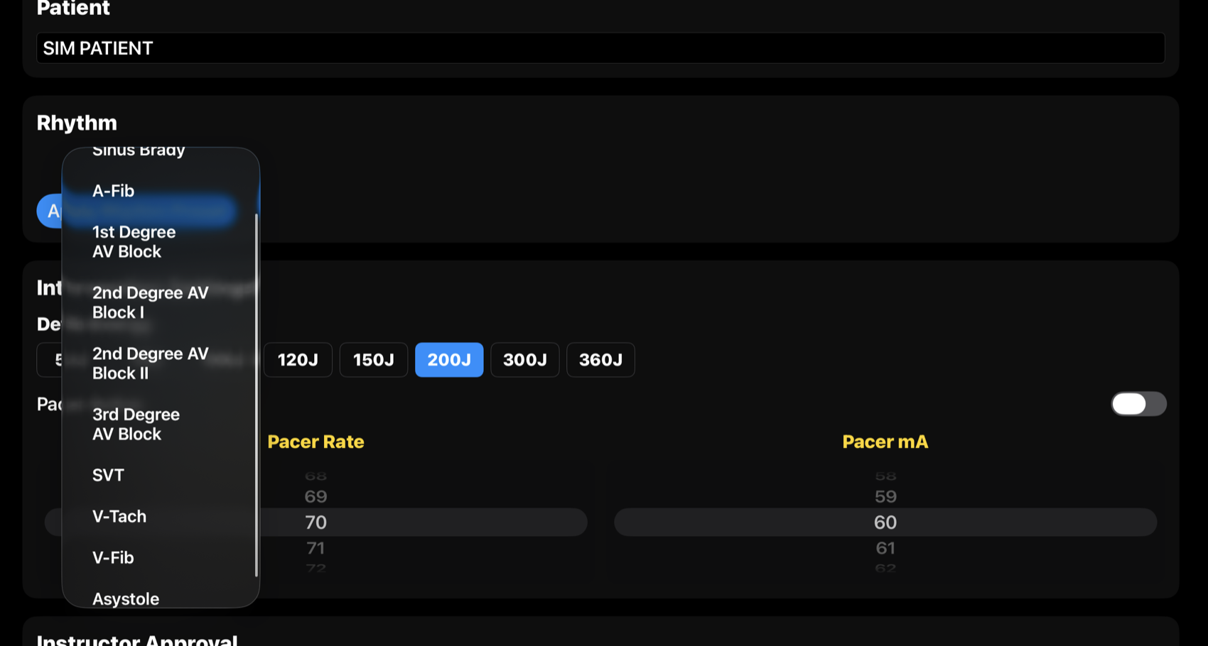 BoxVitals ACLS instructor controls for rhythm, vital signs, pacing, defib energy, and ST elevation