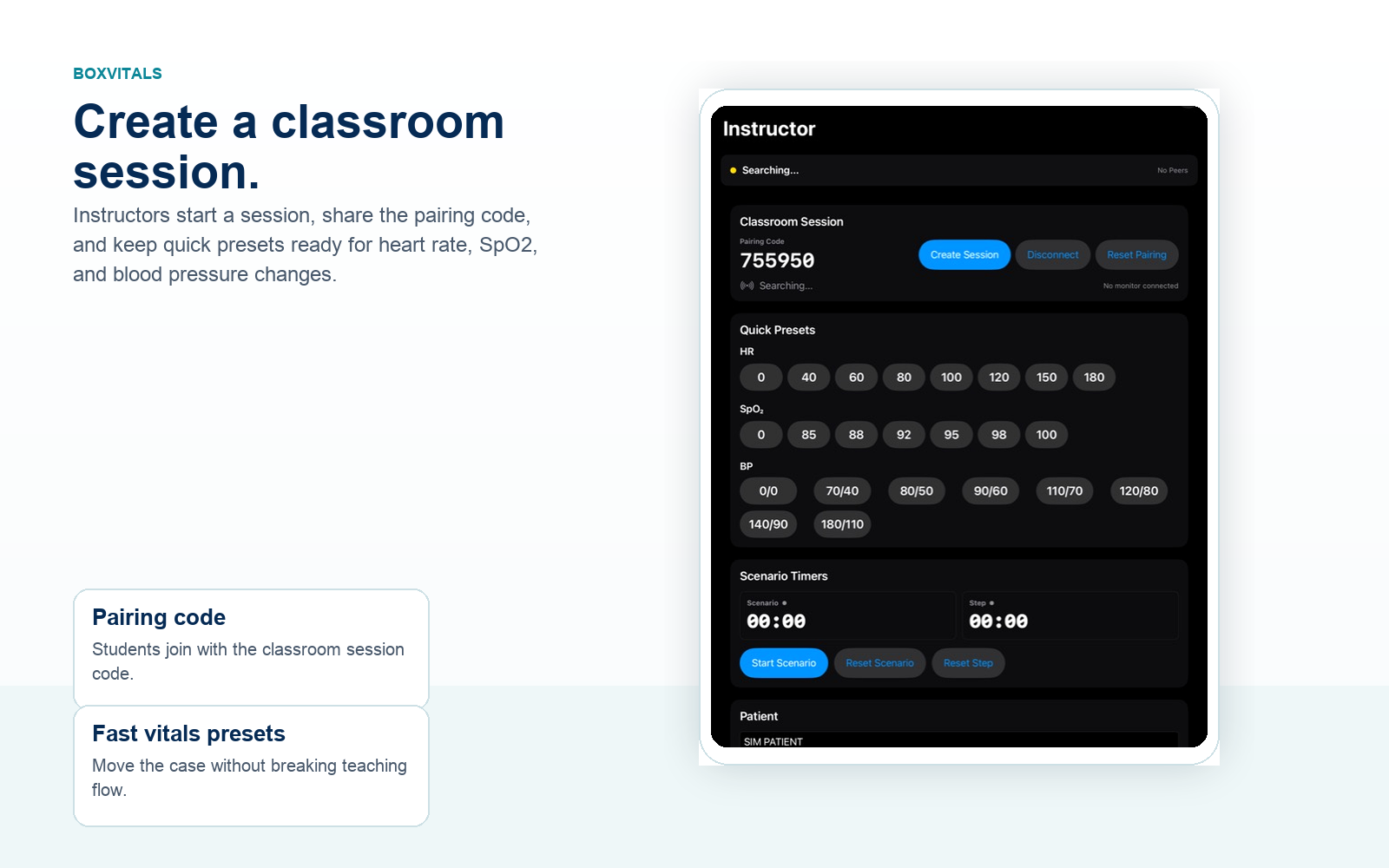 BoxVitals instructor screenshot with classroom pairing code and quick vital sign presets