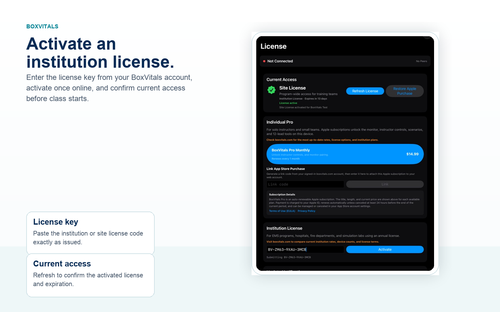 BoxVitals license screen screenshot showing current access, site license status, and institution license activation field