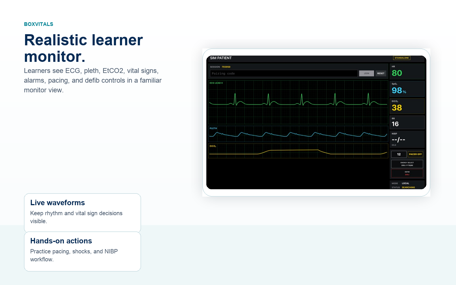 BoxVitals learner monitor screenshot with live ECG, pleth, EtCO2, and vital signs
