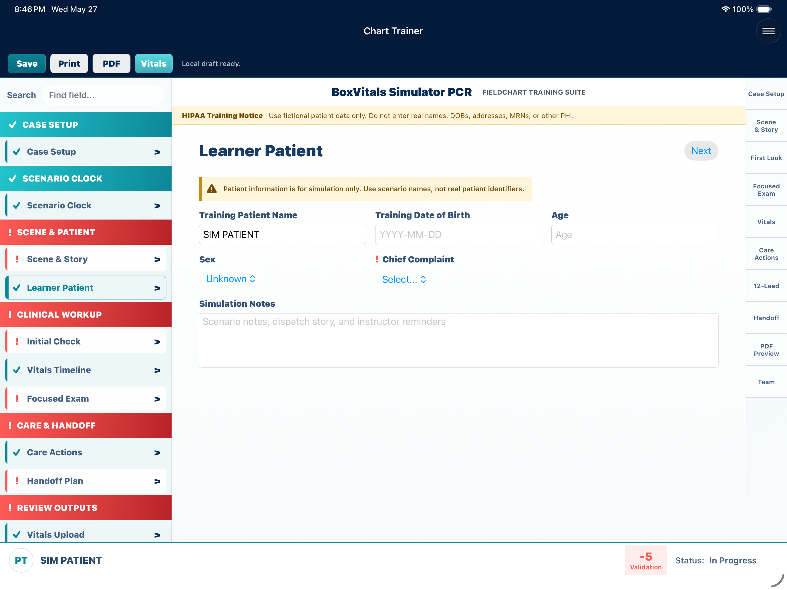 BoxVitals FieldChart iPad screenshot with simulator PCR case setup, learner, and patient fields