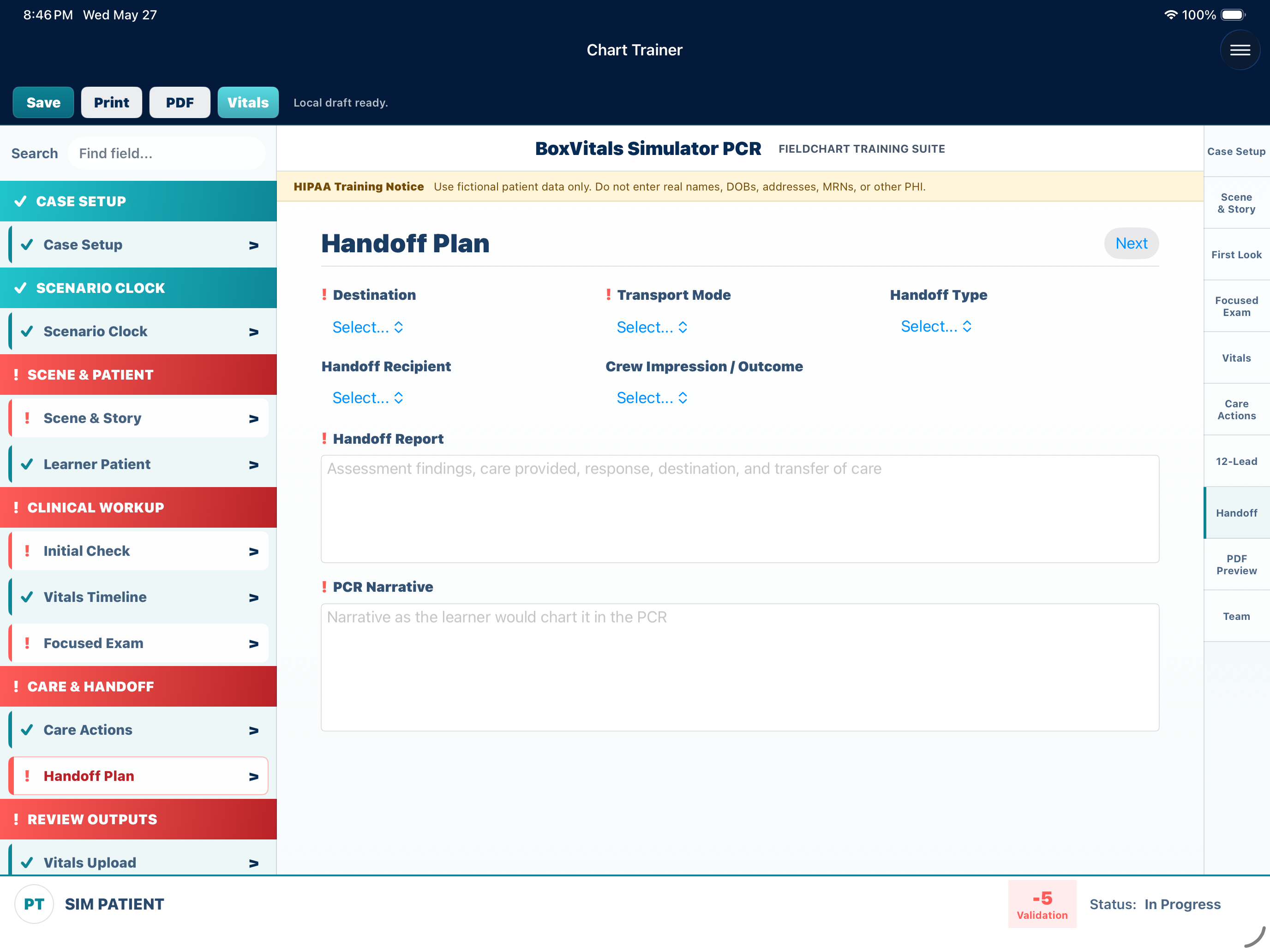 BoxVitals FieldChart handoff screenshot showing destination, receiving team, and transfer plan fields