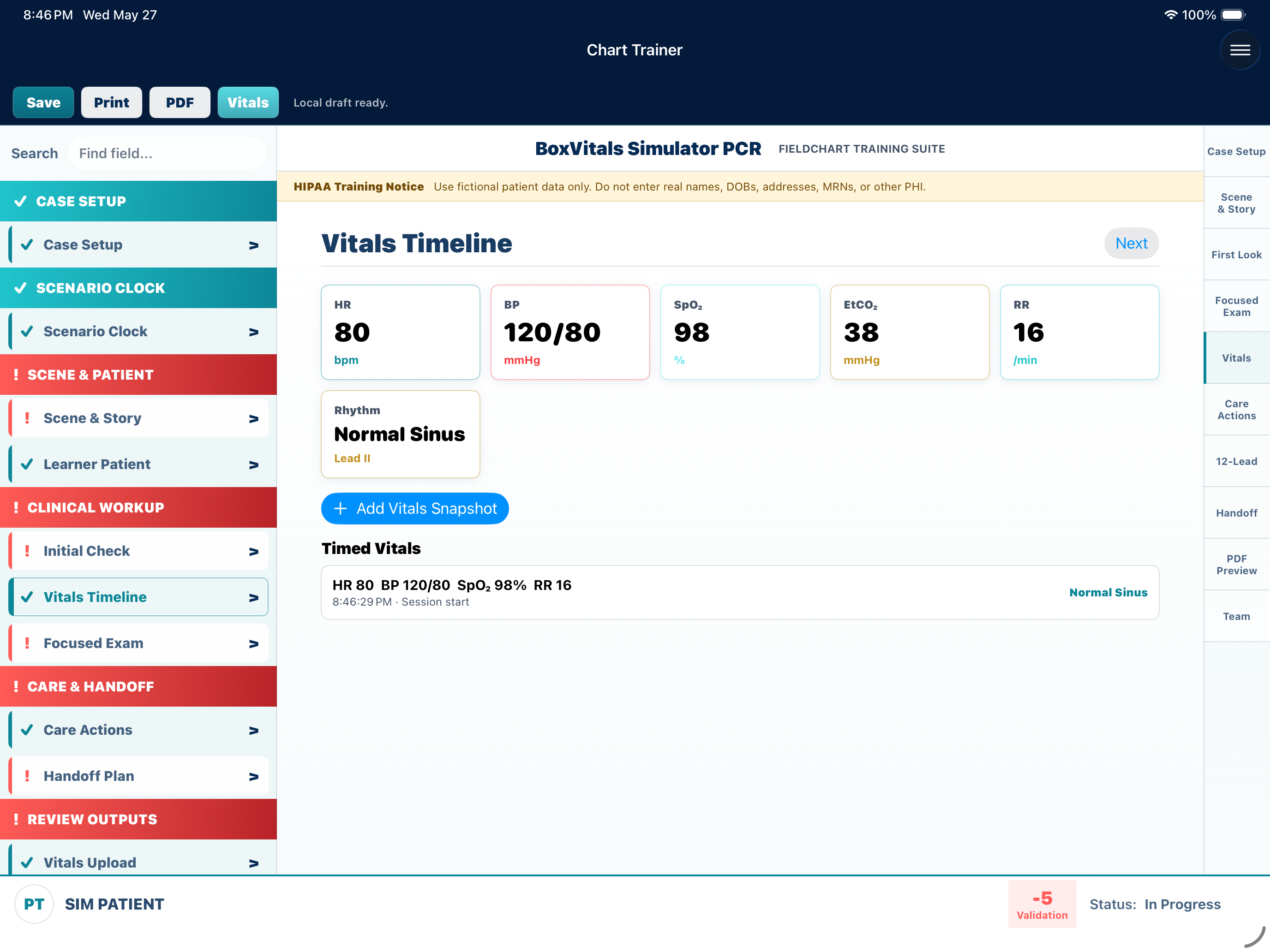 BoxVitals FieldChart iPad screenshot showing a vitals timeline for reassessment documentation