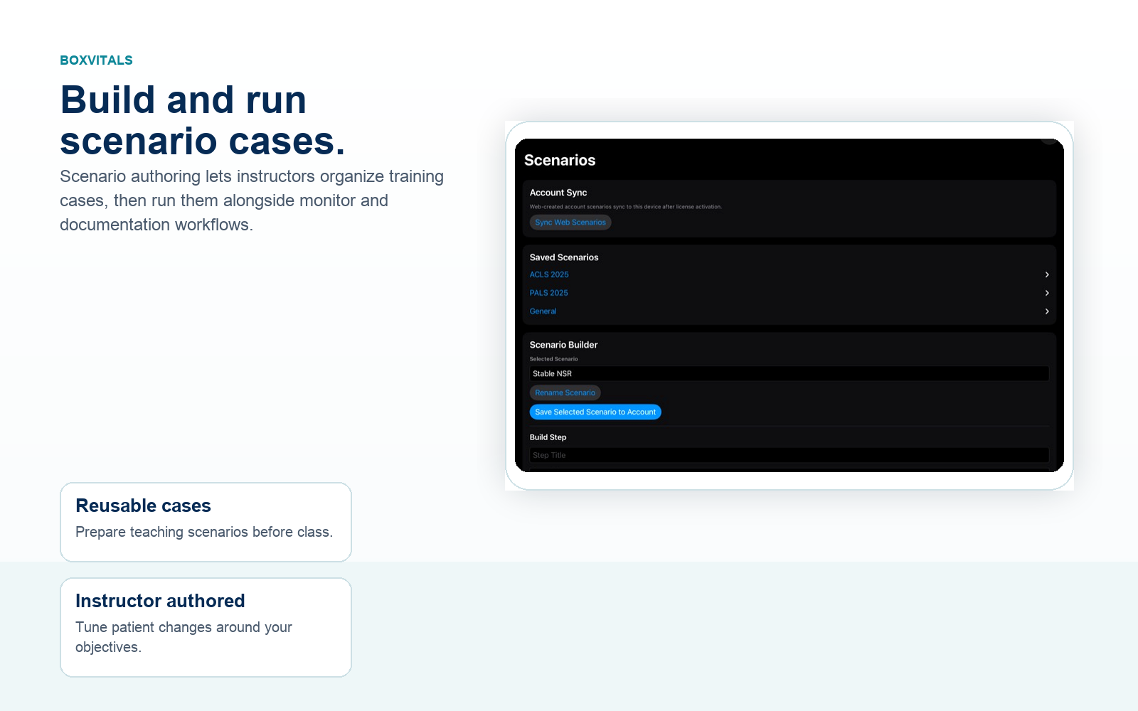 BoxVitals scenario builder screenshot with account sync and saved scenario folders