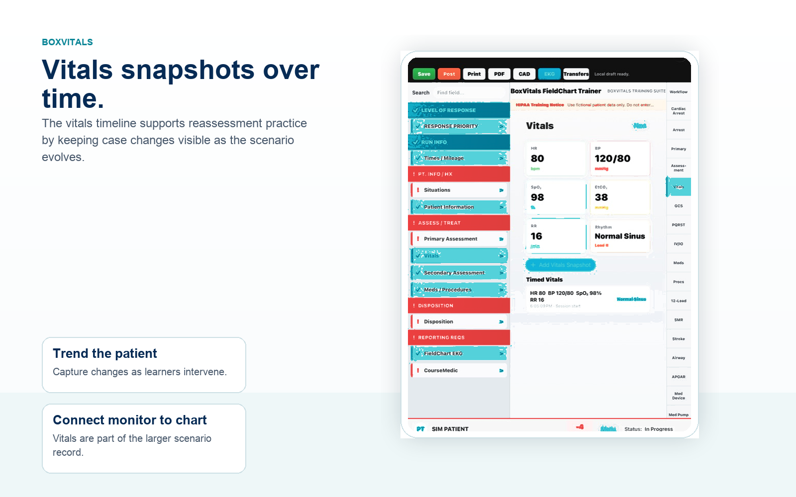 BoxVitals vitals timeline screenshot for nursing simulation patient monitor reassessment
