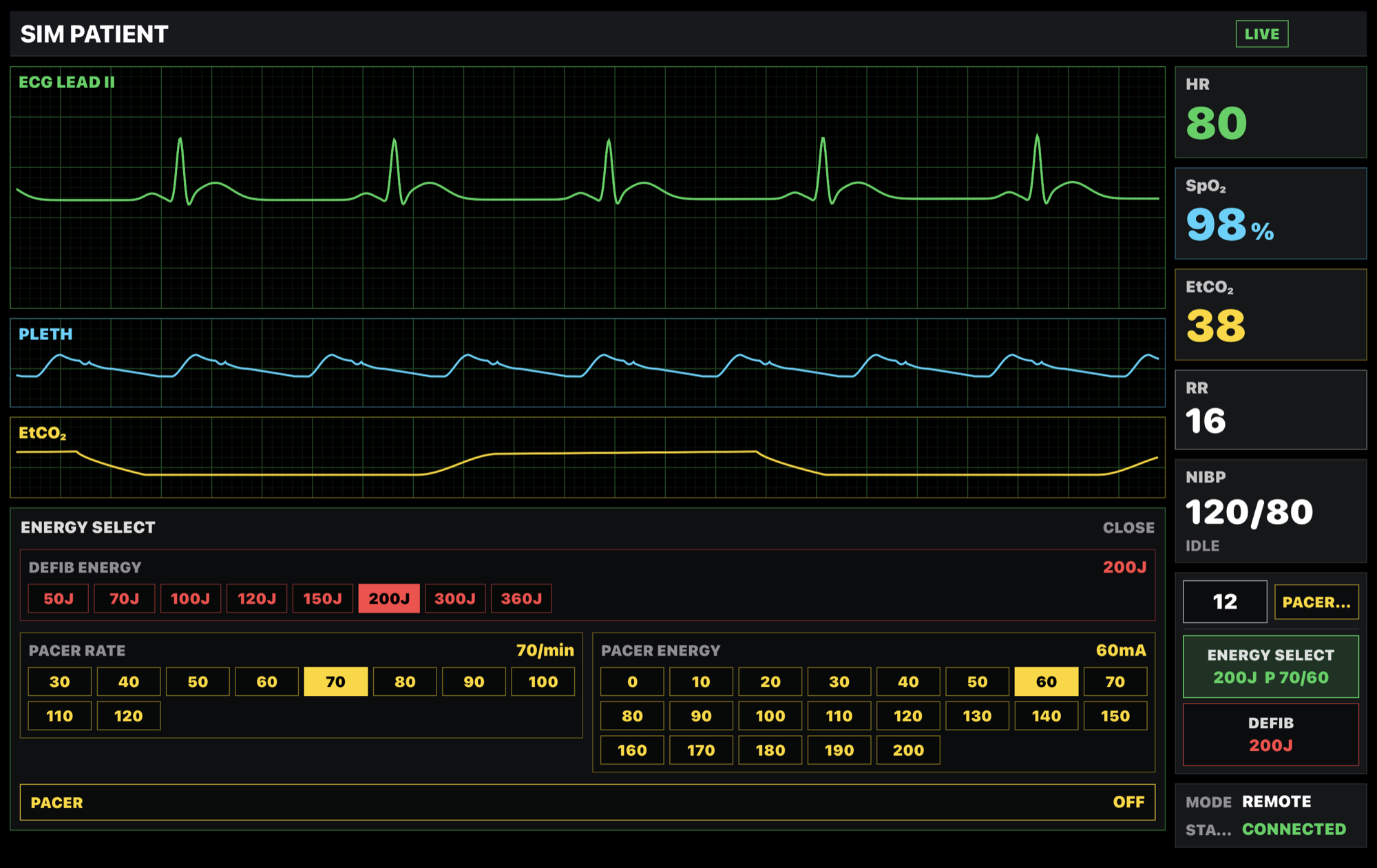 BoxVitals cardiac simulator app showing ECG, pleth, EtCO2, heart rate, oxygen saturation, blood pressure, defib, and pacing controls