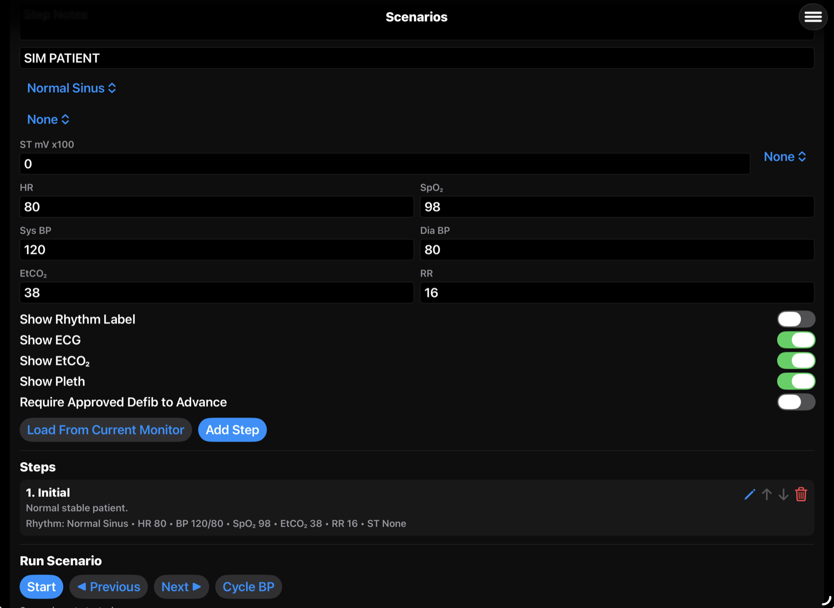 BoxVitals scenario builder with steps and run scenario controls